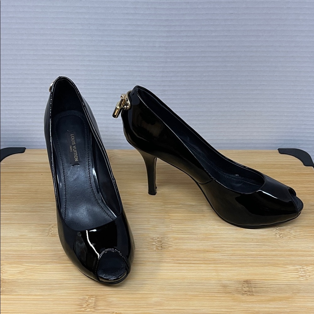 Louis Vuitton Oh Really Black Patent Lock Peep Toe Heels, Size 37